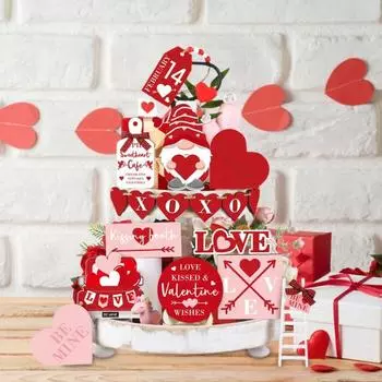 Yousheng 1 комплект ко Дню святого Валентина, многоярусный поднос, украшение, двухстороннее, в виде сердца, гнома, деревянный знак для стола, деревенский фермерский настольный многоярусный поднос, украшение