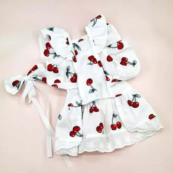 Yousheng, 1 комплект, платье для домашних животных, платье с вишневым принтом для кошек и головным убором, стильная летняя одежда для собак с рюшами на рукавах, товары для домашних животных XS белый
