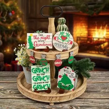 Yousheng 1 комплект рождественских табличек на стол, деревянная зеленая шевелюра эльфа, рождественская елка, многоярусный поднос, украшение для рабочего стола, деревенский фермерский многоярусный поднос, орнамент 1 Set