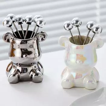 Yousheng 1 комплект, вилка для фруктов, удобная ручка, мультяшный скандинавский стиль, банка для хранения зубочисток с медвежьими фруктами, бытовые принадлежности серебряный