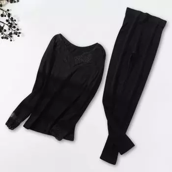 Yousheng 1 комплект женского термобелья, осенне-зимний кружевной V-образный вырез, длинный рукав, рубашка, длинные брюки, теплая базовая одежда для холодной погоды, верхние леггинсы серый