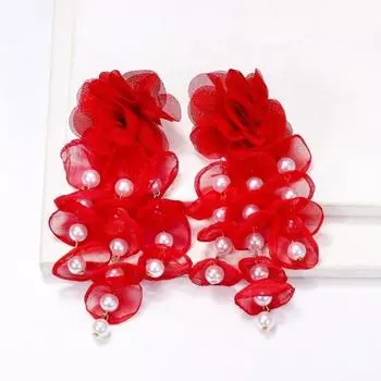 Yousheng 1 пара элегантных многослойных шифоновых кружевных сережек-капель с длинными многослойными лепестками, милые висячие серьги из искусственного жемчуга для девочек, ювелирные изделия, подарок красный