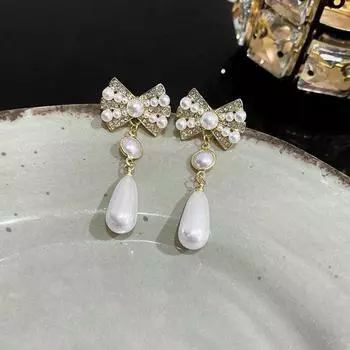 Yousheng 1 пара ретро серьги-капли с бантом и стразами, длинные висячие серьги из искусственного жемчуга с кисточками, ювелирные изделия в подарок золотистый