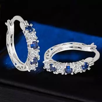 Yousheng 1 пара женских сережек-обручей с синим кубическим цирконием, маленькие серьги-кольца для выпускного вечера, серьги-клипсы, медные круглые серьги морской синий