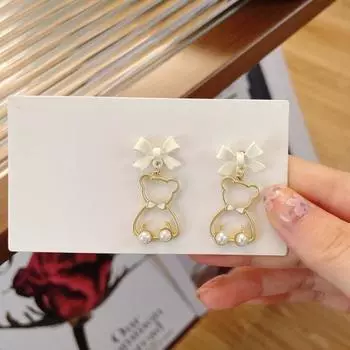 Yousheng 1 пара женских сережек в форме медведя с бантом и искусственным жемчугом, висячие серьги для вечеринок, свиданий, выпускного вечера, серьги-украшения A