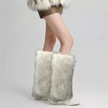 Yousheng 1 пара зимних чехлов для телят, пушистый искусственный мех, противоскользящий, однотонный, JK Style, эластичный, утолщенный, повседневная одежда, спортивные гетры для прогулок 15cm белый