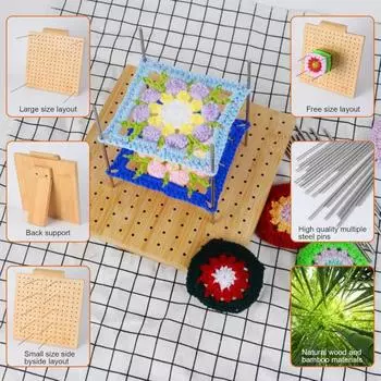 Yousheng 1 Set Crochet Blocking Board with 10 Stainless Steel Pins DIY Solid Wood Granny Square Knitting Blocking Wooden Board Crocheting Accessories