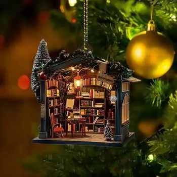 Yousheng 1 шт./2 шт. Рождественский книжный магазин, украшение, акриловое 2D, плоский книжный магазин, украшение для рождественской елки, подвесное украшение для любителей книг 1pc