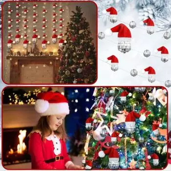 Yousheng 1 String Christmas Hanging Disco Ball Decorations Reflective Mirror Disco Ball Ornaments with Mini Santa Hats Xmas Tree Party Decor красный