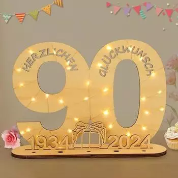 Yousheng 2024 День рождения Деревянный Знак Гостевая Книга со светодиодной подсветкой 65/70/75/80/90-й День Рождения Свадьбы Годовщина Празднование Номерной Знак Украшение Рабочего Стола C