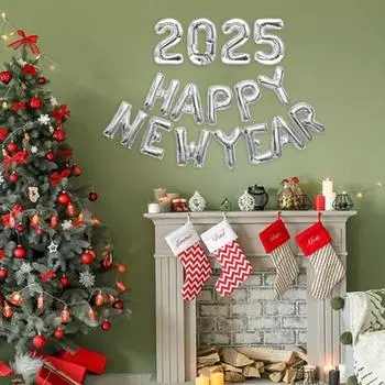 Yousheng 2025 Воздушные шары с Новым годом 16 дюймов Буквы Цифры Воздушные шары из алюминиевой фольги Многоразовые праздничные шары для празднования Нового года Товары для вечеринок серебряный