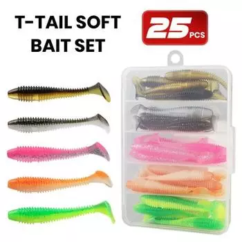 Yousheng 25 шт. мягкие рыболовные приманки с коробкой для хранения, высокогибкие устойчивые к укусу червячные искусственные приманки, имитация бионических приманок Sets