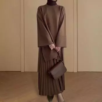 Yousheng 2 шт./комплект осень-весна женский ретро топ-юбка комплект с круглым вырезом длинные рукава средней длины топ плиссированная А-силуэт свободная макси-юбка наряд для свиданий на работу M верблюд