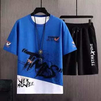 Yousheng 2 шт./компл., мужской комплект летней спортивной одежды, футболка с коротким рукавом и эластичным шнурком на талии, широкие шорты, комплект, повседневная одежда с буквенным принтом 2XL чёрный