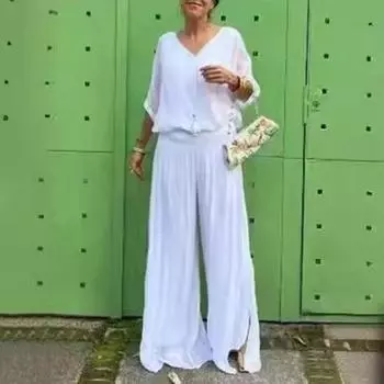 Yousheng, 2 шт./компл., женская футболка и брюки, комплект с V-образным вырезом и рукавами «летучая мышь», однотонный топ, свободная эластичная резинка на талии, длинные брюки, повседневная повседневная одежда, наряд XXL фиолетовый