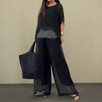 Yousheng, 2 шт./компл., женская футболка, комплект брюк, свободный комплект с круглым вырезом и рукавами «летучая мышь», блестящий топ с пайетками, высокая талия, широкие двухслойные брюки, повседневный повседневный наряд L фиолетовый