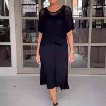 Yousheng, 2 шт./компл., женский комплект верхних платьев, вязаный топ с круглым вырезом и короткими рукавами, V-образный вырез, трапециевидный сарафан без рукавов, женское платье-миди, комплект прикрытия M серый