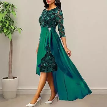 Yousheng 2 шт./компл., женское платье для выпускного вечера, комплект с юбкой, ажурное кружевное платье с рюшами и подолом, высокая талия, круглый вырез, рукав три четверти, длина до щиколотки, банкетное платье макси M зелёный