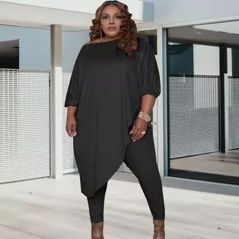 Yousheng 2 шт./комплект, большой размер, женская одежда, открытые плечи, косой подол, рукав три четверти, длинный топ, эластичные однотонные брюки, повседневная одежда L чёрный