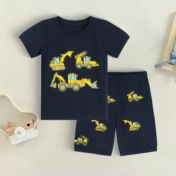 Yousheng 2 шт./комплект детский топ брюки костюм мультяшный грузовик принт O-образный вырез пижама короткий рукав летний наряд унисекс повседневная домашняя одежда одежда 6-7 Years темно-серого