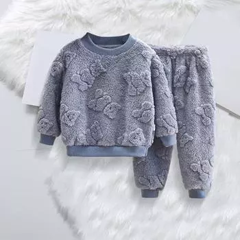 Yousheng 2 шт./комплект детской домашней одежды, толстый плюшевый топ и штаны, комплект с рисунком медведя из мультфильма, пижама с круглым вырезом, сохраняющая тепло, унисекс, детская домашняя одежда 120 cm синий