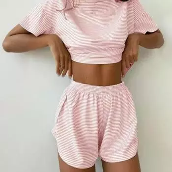 Yousheng 2 шт./комплект летняя домашняя одежда топ и брюки костюм полосатая пижама свободная одежда для сна футболка с коротким рукавом эластичный пояс шорты с разрезом комплект S зелёный