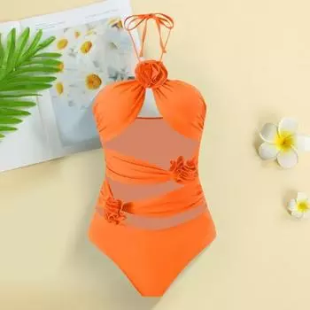 Yousheng 2 шт./комплект монокини комплект сексуальный полый дизайн мягкая поддержка 3D цветочный декор купальник с принтом накидка юбка комплект шифон пляжная одежда S оранжевый