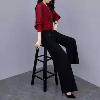 Yousheng 2 шт./комплект OL коммутационный комплект рубашка брюки комплект чистый цвет V-образный вырез длинный рукав блузка высокая талия широкие брюки деловая офисная одежда M красный