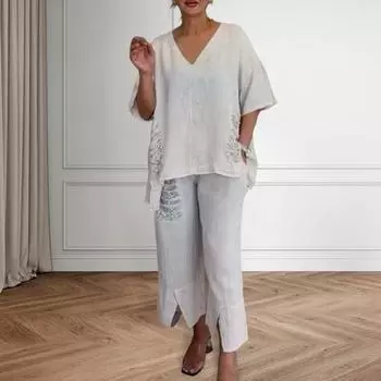 Yousheng 2 шт./комплект осень-весна женская футболка брюки комплект с коротким рукавом V-образный вырез рипп топ эластичный пояс пайетки брюки OL коммутационный спортивный брючный костюм наряд XXXL синий