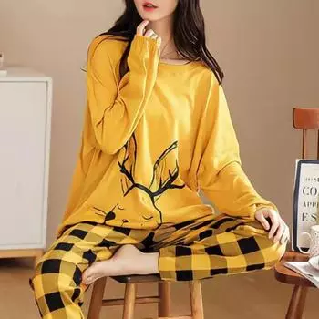 Yousheng 2 шт./комплект с круглым вырезом, длинным рукавом, средней посадкой, эластичным поясом, свободная пижама для девочек, пуловер с принтом из мультфильмов, блузка, длинные брюки 2XL бежевый