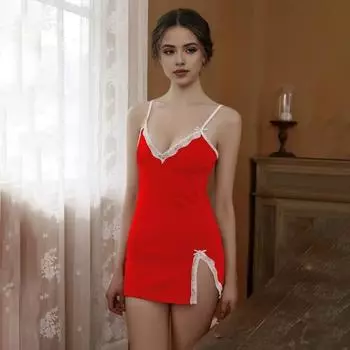 Yousheng 2 шт./комплект женская летняя ночная рубашка трусики комплект на тонких бретельках без рукавов бант кружевной декор V-образный вырез разрез подол ночная рубашка женская ночная рубашка L вино красного
