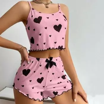 Yousheng 2 шт./комплект, женская летняя пижама, костюм с регулируемым ремешком, без рукавов, с принтом в виде сердца, укороченный топ с присборенной кромкой, шорты с высокой талией, комплект одежды для сна в спальню S чёрный