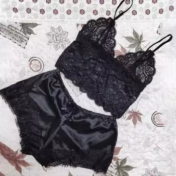 Yousheng 2 шт./комплект женская пижама атласный бант без рукавов укороченный топ прозрачный кружевной пэчворк пижамы спальня дома повседневная ночная рубашка S