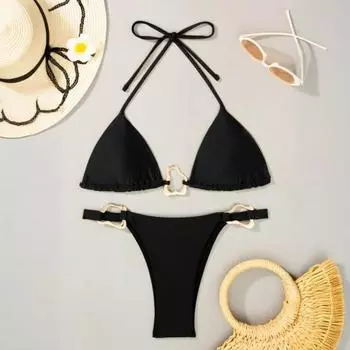 Yousheng 2 шт./комплект женский бикини комплект сексуальный однотонный бюстгальтер на шее с высокой талией плавки комплект раздельный пляжный купальник S белый