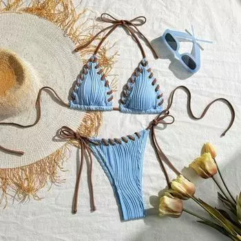 Yousheng 2 шт./комплект женский бикини комплект сексуальный плиссированный пэчворк цветной бюстгальтер халтер высокая талия плавки комплект со шнуровкой пляжный купальник S