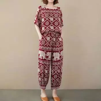 Yousheng 2 шт./комплект женский футболка брюки комплект круглый вырез короткий рукав принтованный топ свободный эластичный пояс боковые карманы длинные брюки повседневная одежда наряд L чёрный