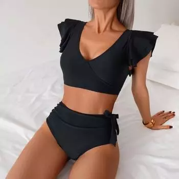 Yousheng 2 шт./комплект женский комплект бикини с V-образным вырезом бюстгальтер с оборками на рукавах плавки с высокой талией комплект с пышными вырезами купальный костюм купальник S зелёный