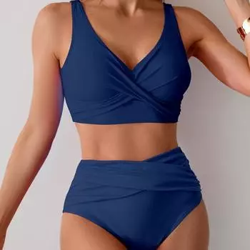 Yousheng 2 шт./комплект женский комплект бикини глубокий V-образный вырез бюстгальтер с подкладкой без косточек высокая талия плавки комплект однотонный раздельный дизайн пляжная одежда S синий