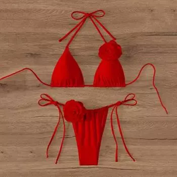 Yousheng 2 шт./комплект женский комплект бикини на шнуровке бюстгальтер с подкладкой плавки комплект 3D цветочный декор пляжный стиль купальники S красный