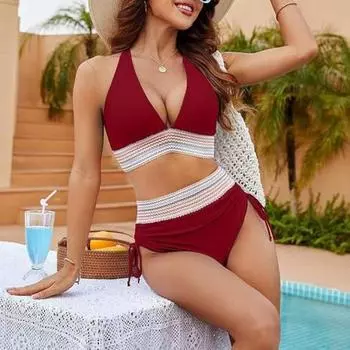 Yousheng 2 шт./комплект женский комплект бикини сексуальный глубокий V-образный вырез бюстгальтер для плавания высокая талия плавки комплект пэчворк цветной купальник S вино красного