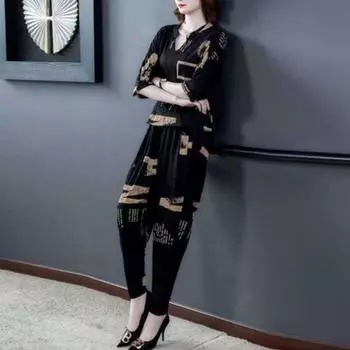 Yousheng 2 шт./комплект женский костюм больших размеров с верхом и брюками, буквенный принт, V-образный вырез, блузка с коротким рукавом, свободные шаровары, повседневная одежда, футболка, брюки, комплект XL чёрный