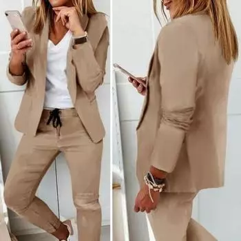 Yousheng 2 шт./комплект женский костюм пальто брюки комплект лацкан кардиган длинный рукав куртка шнурок эластичный пояс облегающие брюки леди формальный наряд для поездок на работу XL чёрный