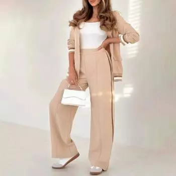 Yousheng 2 шт./комплект женский костюм пальто брюки костюм отложной воротник длинный рукав эластичный подол куртка широкие брюки с высокой талией наряд для офиса M фиолетовый