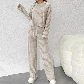 Yousheng 2 шт./комплект женский костюм с капюшоном и брюками на шнурке с длинными рукавами однотонный топ с высокой талией широкие спортивные брюки весна-осень спортивный костюм S абрикосовый