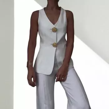 Yousheng 2 шт./комплект женский костюм жилет брюки комплект V-образный вырез застежка на две пуговицы без рукавов жилет высокая талия однотонные брюки OL коммутационный деловой наряд XL чёрный