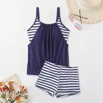 Yousheng 2 шт./комплект женский купальник полосатый жилет с нагрудными подушечками эластичный пояс шорты комплект купальный костюм для горячего источника быстросохнущая летняя пляжная одежда M темно-синий