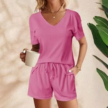 Yousheng 2 шт./комплект женский летний наряд футболка с V-образным вырезом короткий рукав эластичный шнурок на талии шорты комплект однотонный свободный крой повседневный наряд XL светло-зеленый