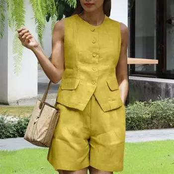 Yousheng 2 шт./комплект женский летний наряд круглый вырез без рукавов пуговицы планка жилет высокая талия шорты комплект пригородный стиль официальная одежда S жёлтый