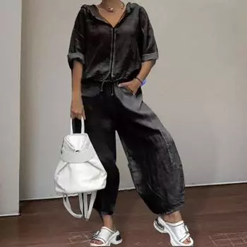 Yousheng 2 шт./комплект женский пиджак брюки костюм с капюшоном молния рукава половина шнуровка подол широкие брюки свободные карманы брюки зимний повседневный спортивный костюм M жёлтый