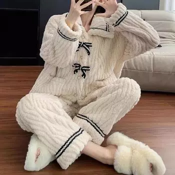 Yousheng 2 шт./комплект женский пижамный комплект с лацканами длинный рукав бант декор топы длинные брюки комплект геометрические полосы утолщенный плюш домашняя одежда XXL бежевый